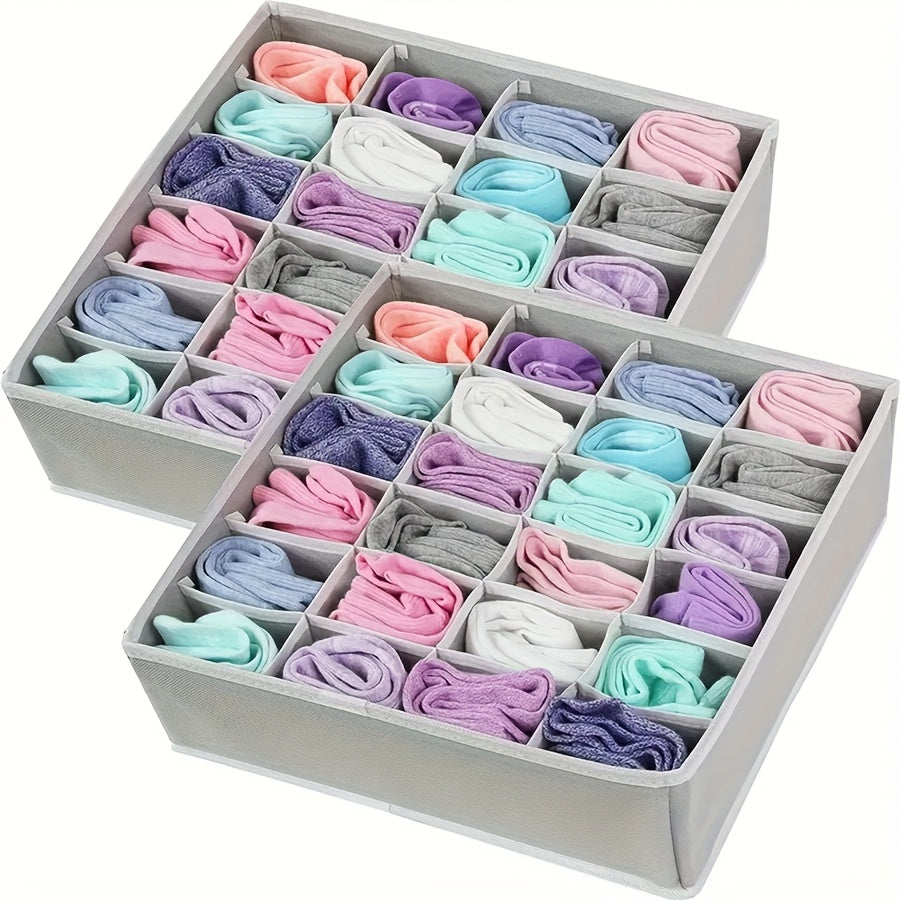 Lot de 2 boîtes de rangement grises en tissu, 24 compartiments, pliables et empilables, parfaites pour chaussettes, cravates et sous-vêtements.