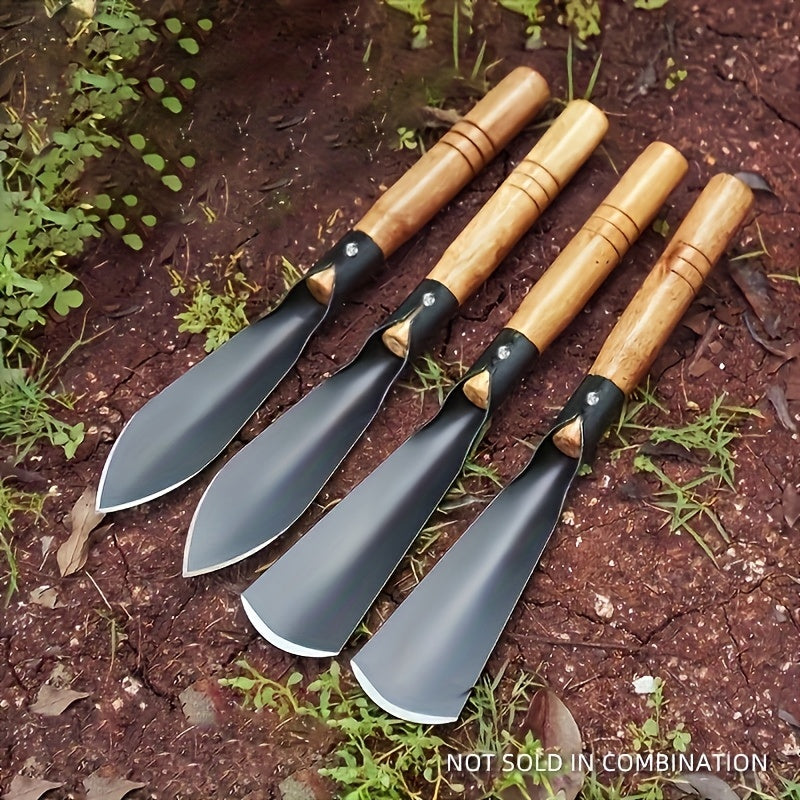 Lot de deux pelles robustes en acier au manganèse, manche bois ergonomique, parfaites pour creuser fleurs et légumes avec efficacité.