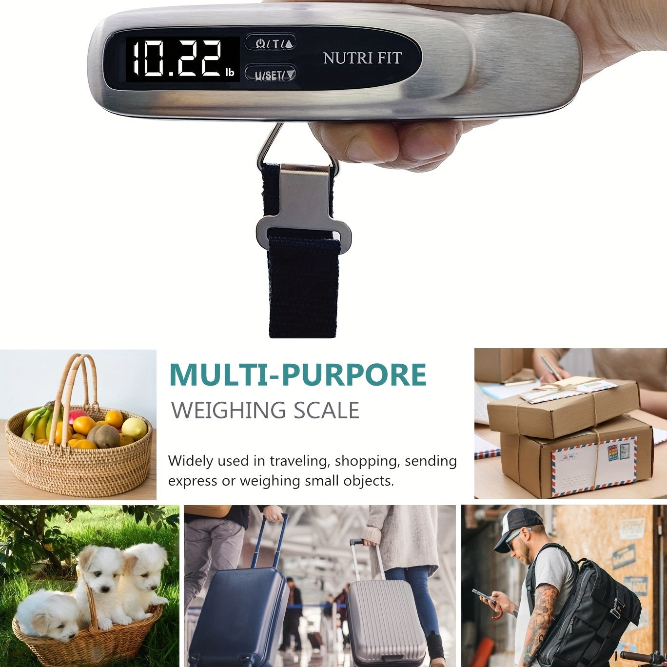 Balance bagages numérique portable, affichage LCD rétroéclairé, capacité 50 kg, crochet pratique, idéale pour peser valises en voyage.