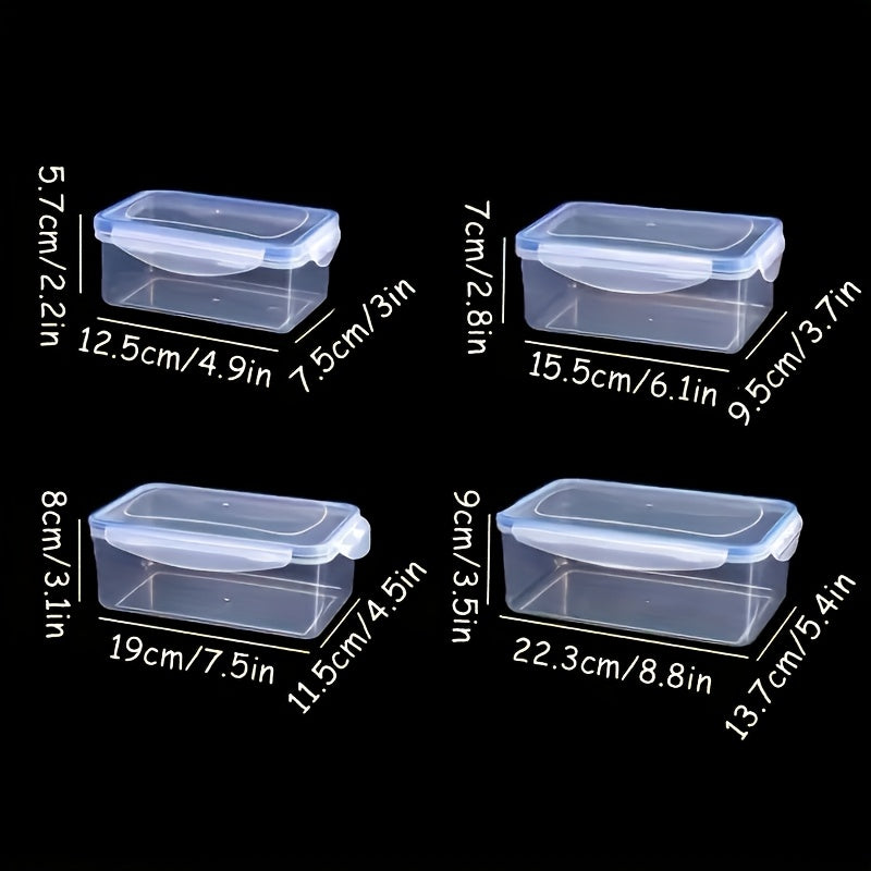 Set de 8 boîtes repas plastiques rectangulaires, 4 tailles, couvercles flip-top, réutilisables, micro-ondes et congélateur, anti-odeur, parfait pour légumes, fruits et snacks.