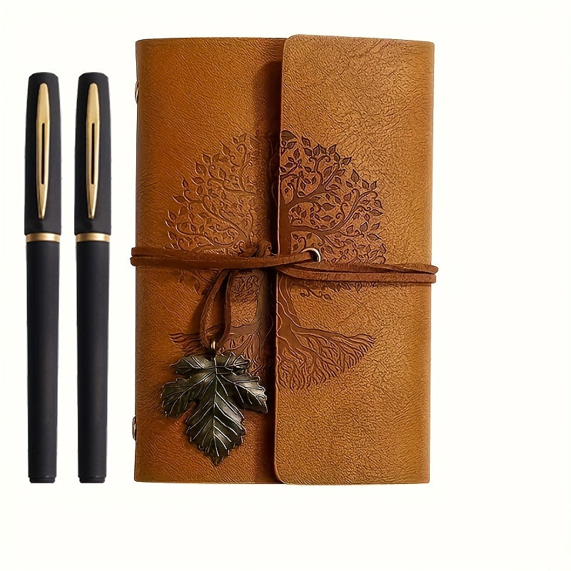 3-piece set: vintage spiral notebook in PU leather and 2 black and gold gel pens, tree design, ideal for writing, sketching and travel.