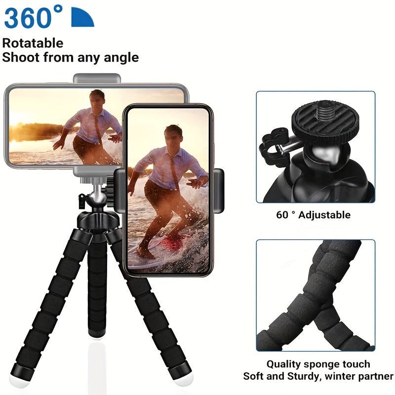 Flexible Octopus Tripod: Portable support for smartphone and camera, 360° rotation, foam grip, adjustable, universal clip, ideal for photo and video.