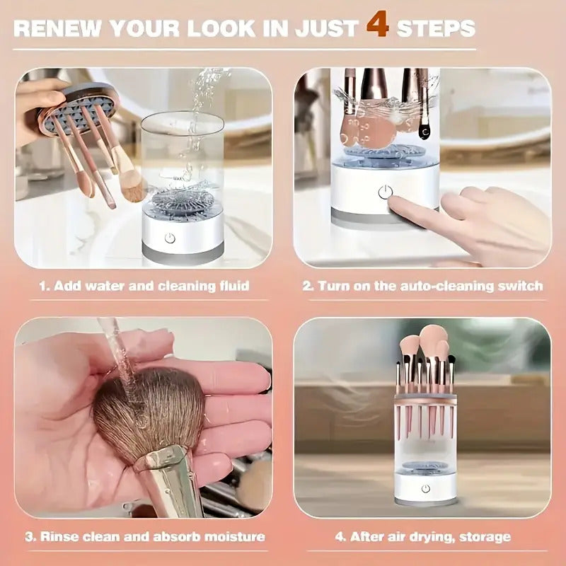 Automatic electric makeup brush cleaner with cleaning mat, compatible with all sizes, convenient and portable, ideal gift for women.