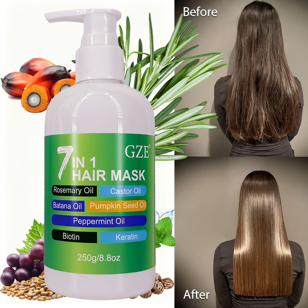 Masque capillaire GZE 7-en-1, profond soin réparateur, anti-casse et pointes fourchues, hydrate cheveux secs, enrichi en huiles, biotine et kératine.