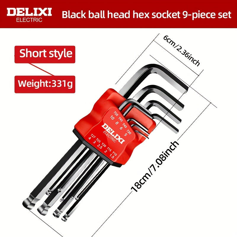 Extra long hex key set with ball ends and Torx, comfortable handle, durable metal, ideal for bike repair and DIY projects.
