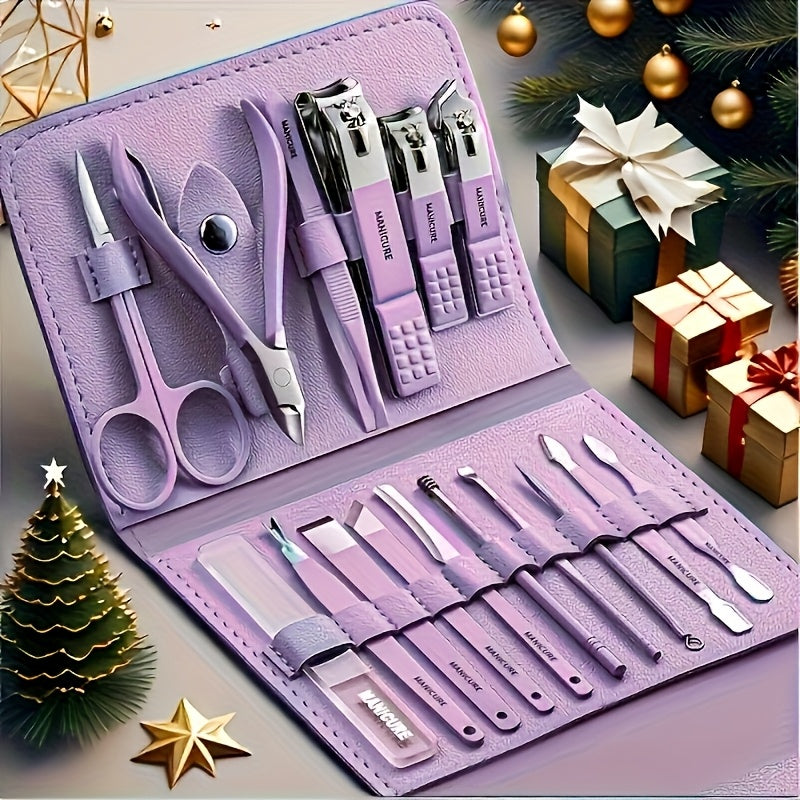 Set 16 pièces soins des ongles en acier inoxydable, lime, cure-oreille et ciseaux, style moderne, idéal voyage et usage professionnel.