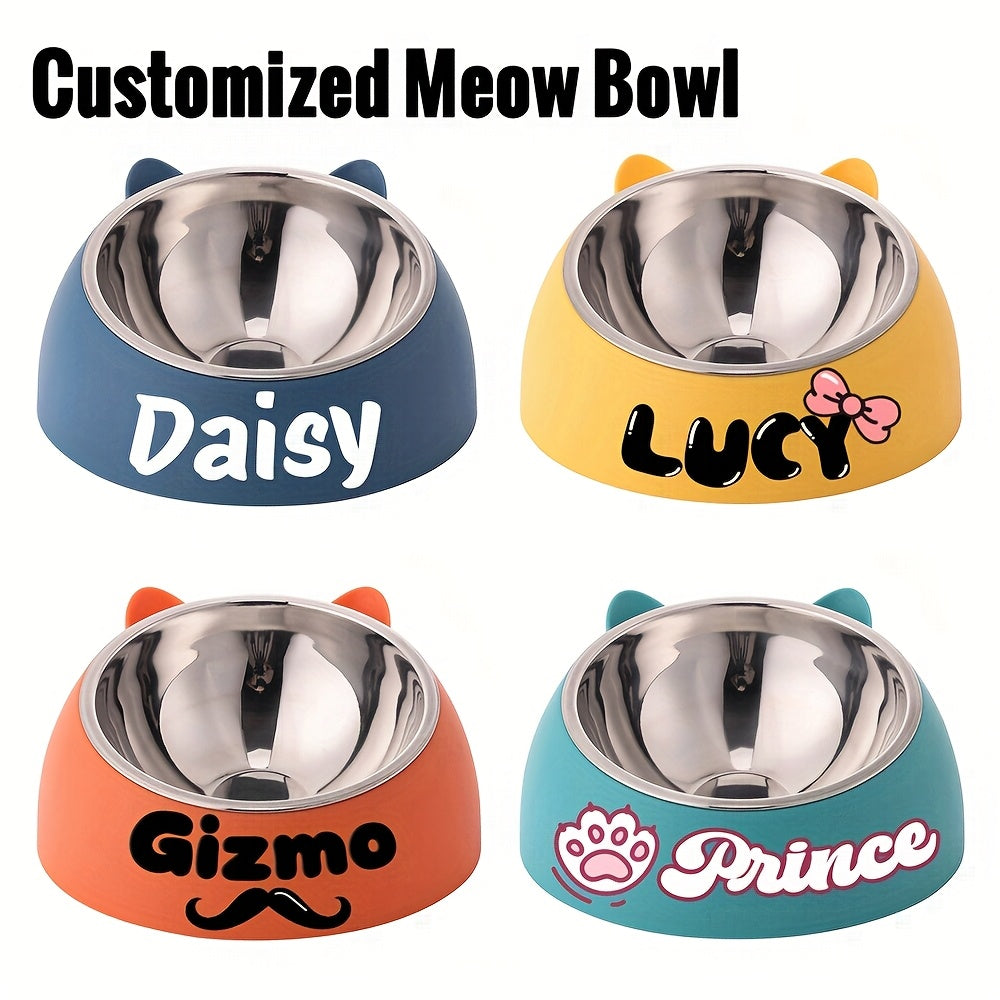 Bol incliné personnalisé en acier inoxydable pour chats et chiens, protège le cou, gravure possible, durable, accessoire repas idéal pour animaux.