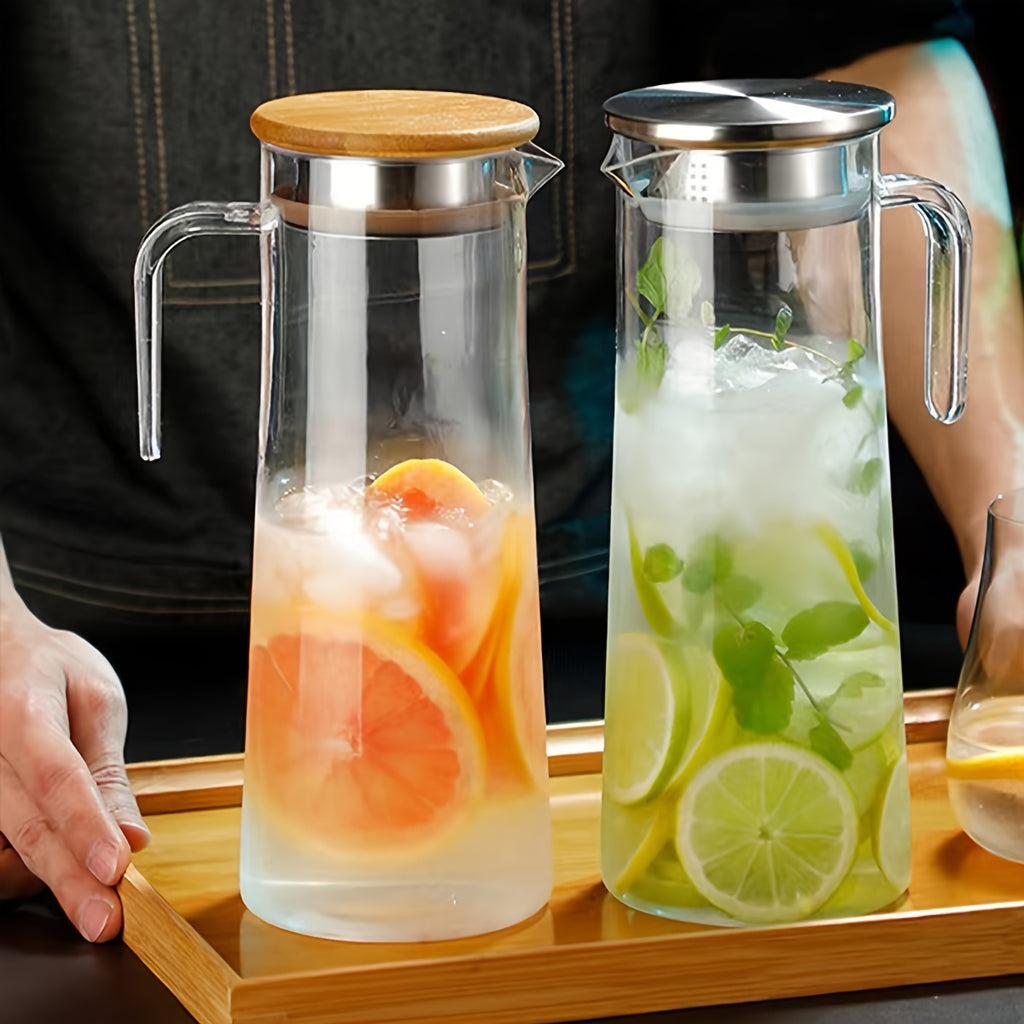 Juice Pitcher with Handle (1 pc): Large capacity, heat resistant, ideal for iced tea, drinks, lemon water, home or office use.