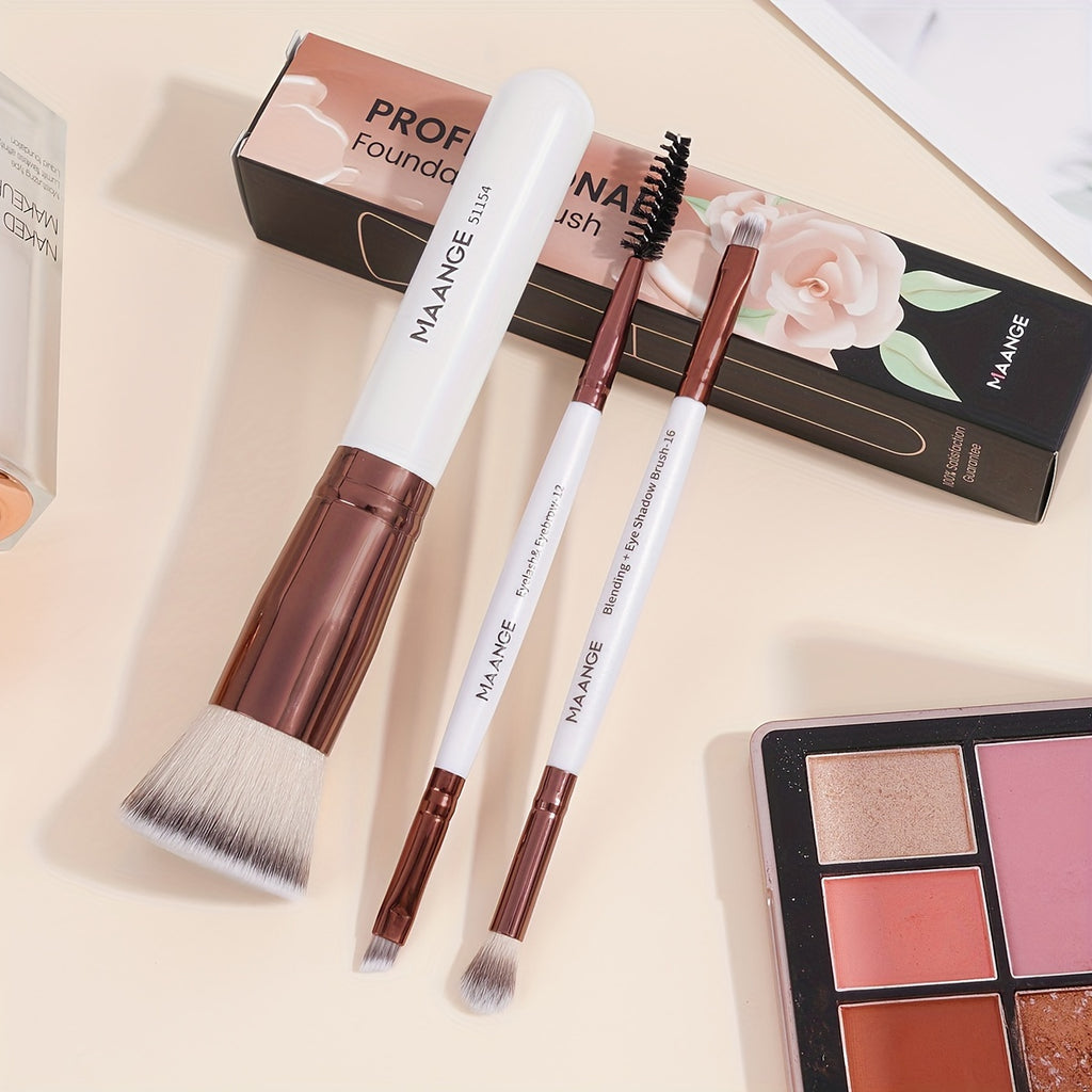 Set visage 3 pièces : pinceaux fond de teint, blush et cils, poils doux, livré avec boîte portable pour maquillage pratique.