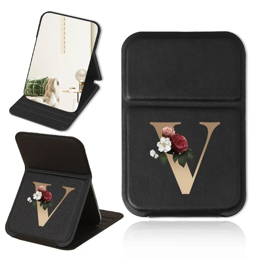 Portable folding makeup mirror, black and gold floral design, lightweight, waterproof and dustproof, perfect gift for teachers and loved ones.