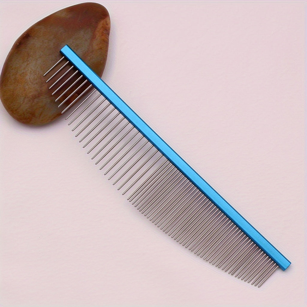 Stainless steel pet grooming comb. Aluminium handle, detangles knots and removes dead hair.
