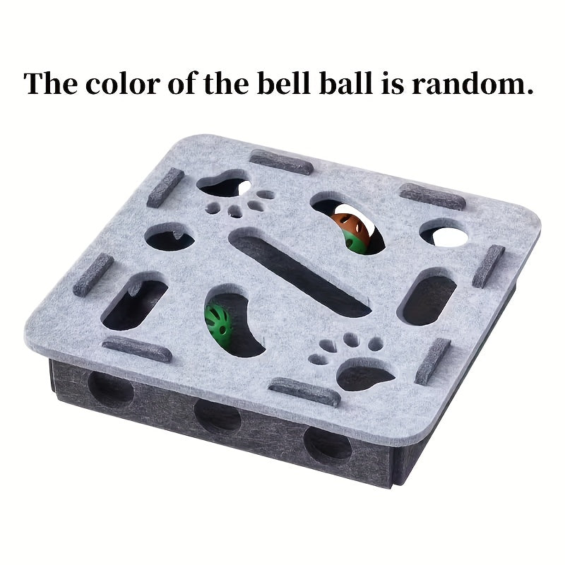 Jouet interactif pour chat, tunnel et balle à cloche, matériau durable, sans batterie, design géométrique, favorise activité et stimulation mentale.