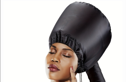 Soft hair dryer cap with headband, heat resistant, for deep conditioning and styling, without electricity, ideal for textured hair.