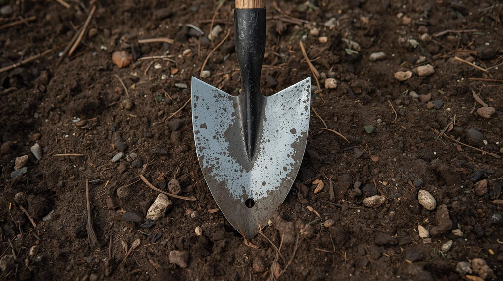 Houe en V à lame triangulaire tranchante, construction métallique durable pour creuser, désherber et ameublir, idéale jardin, ferme et paysagisme.