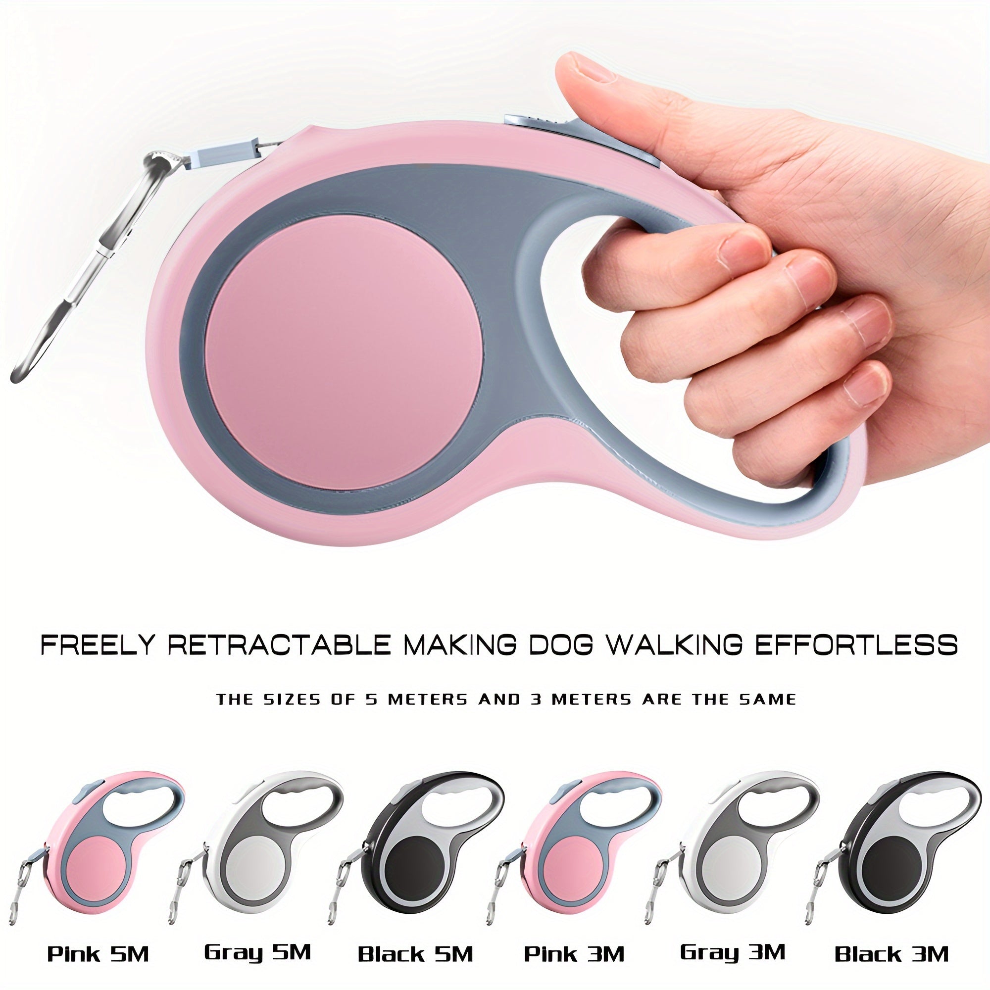 Retractable leash 4.88 m, pink, grey or black, ergonomic handle, comfortable, tangle-free, for small to medium-sized dogs and cats.