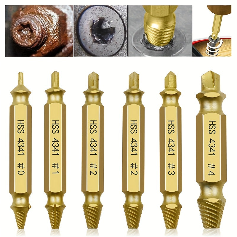 Set of 6 high carbon steel screw extractors, gold-plated, for damaged screws and nails, with durable case.