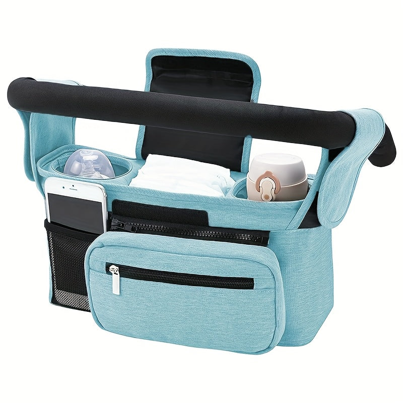 Hanging stroller bag, large capacity with multiple compartments, adjustable straps, convenient for diapers, bottles and toys when out and about.
