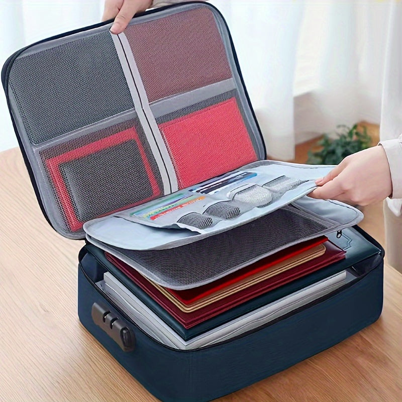 Sac de rangement documents grande capacité avec verrou, 3 couches zippées, portable, sécurisé, idéal pour papiers, certificats et documents à domicile, école ou bureau.