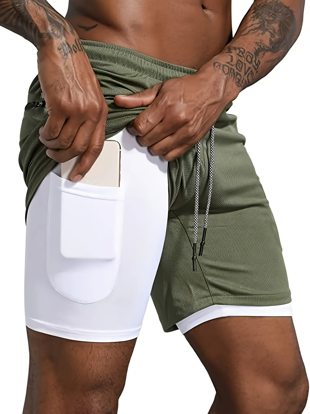 Shorts hommes 2-en-1 été, sport extérieur, cordon ajustable, poches sécurisées, tissu respirant et séchage rapide, parfait gym et running.