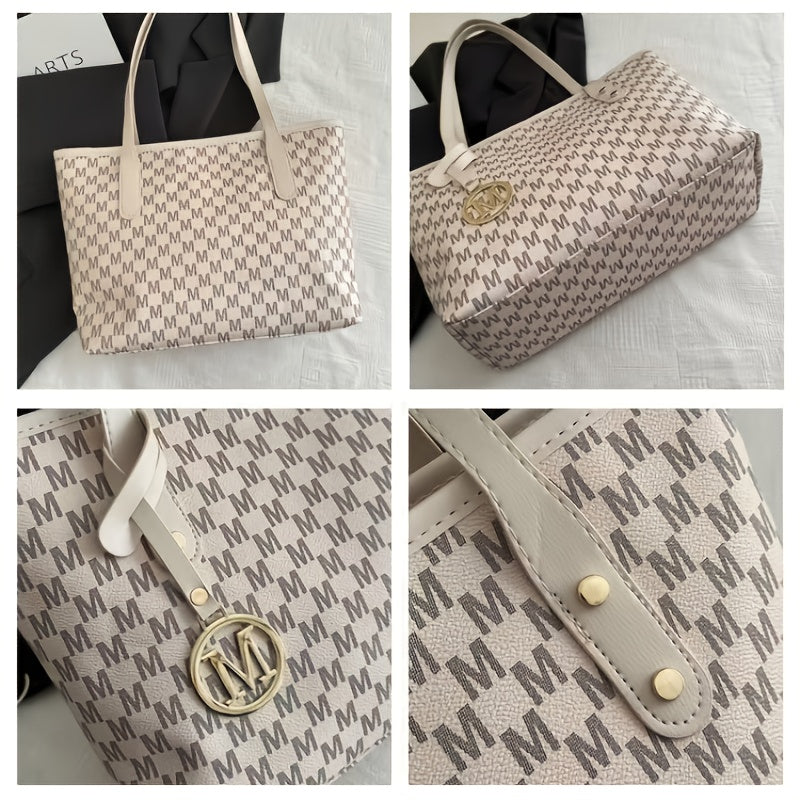 Large designer-inspired women's tote bag, geometric synthetic leather, removable gold chain shoulder strap, 'M' monogram, lightweight for office, school or shopping.