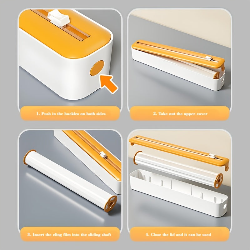 Reusable double-action dispenser and cutter for plastic film, aluminum, baking paper and wax, modern white/black design with orange accents.
