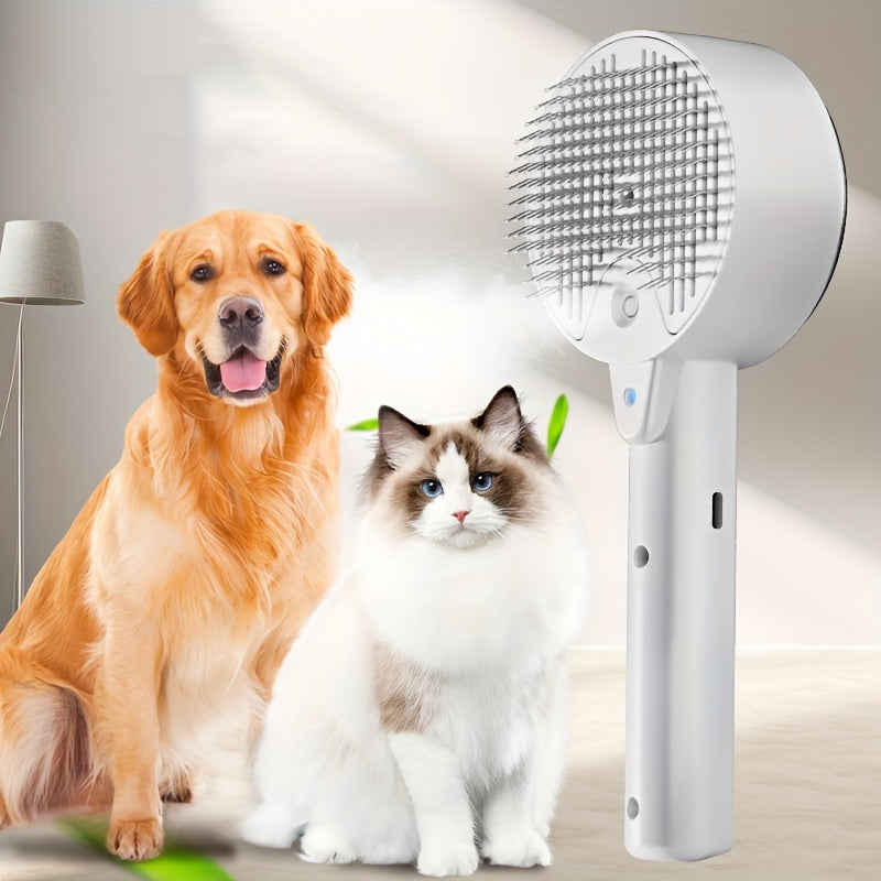 Brosse de toilettage 3-en-1 pour chats et chiens, électrique à vapeur, spray et peigne flottant, outil batterie pour soins animaux.