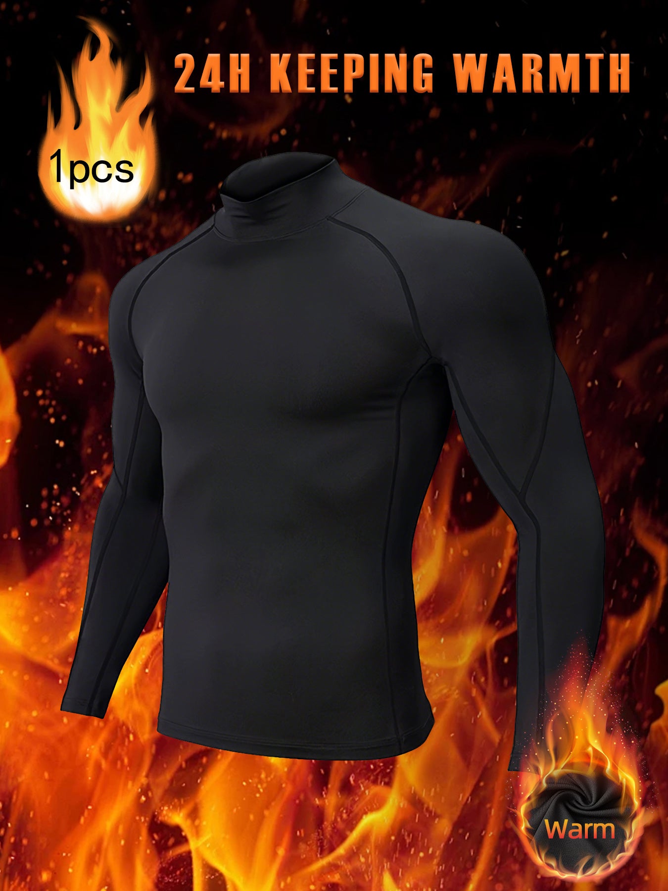 T-shirt thermique homme à manches longues, slim fit, tissu extensible, col montant, idéal pour sport, course et activités extérieures en conditions froides.