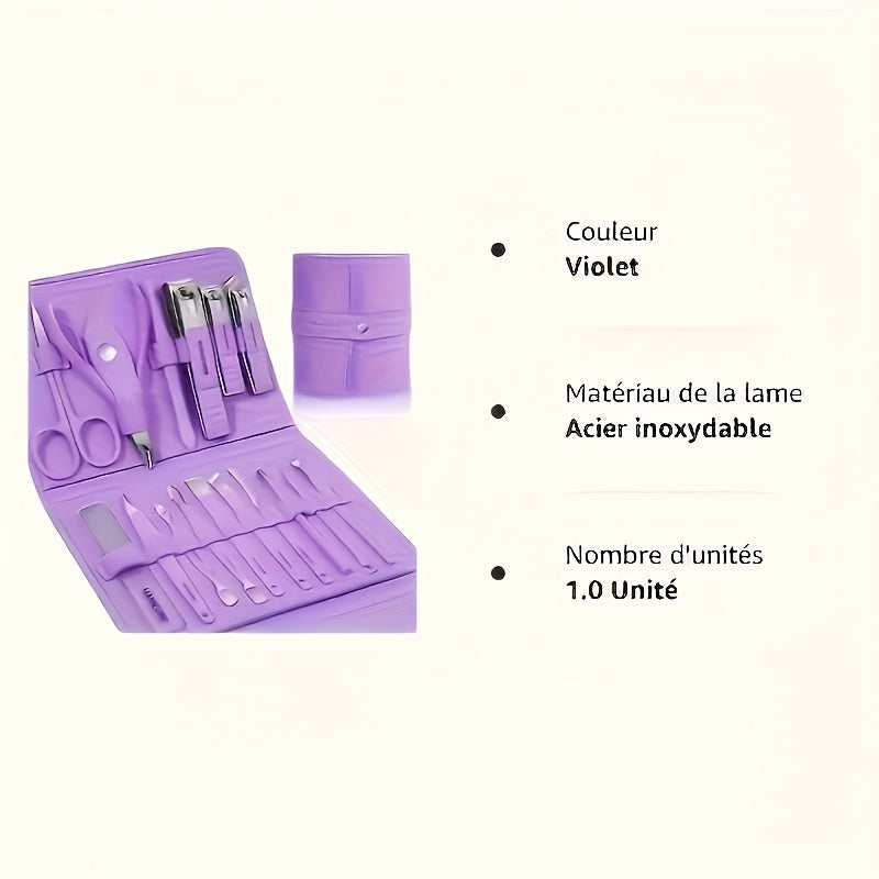 Set 16 pièces soins des ongles en acier inoxydable, lime, cure-oreille et ciseaux, style moderne, idéal voyage et usage professionnel.