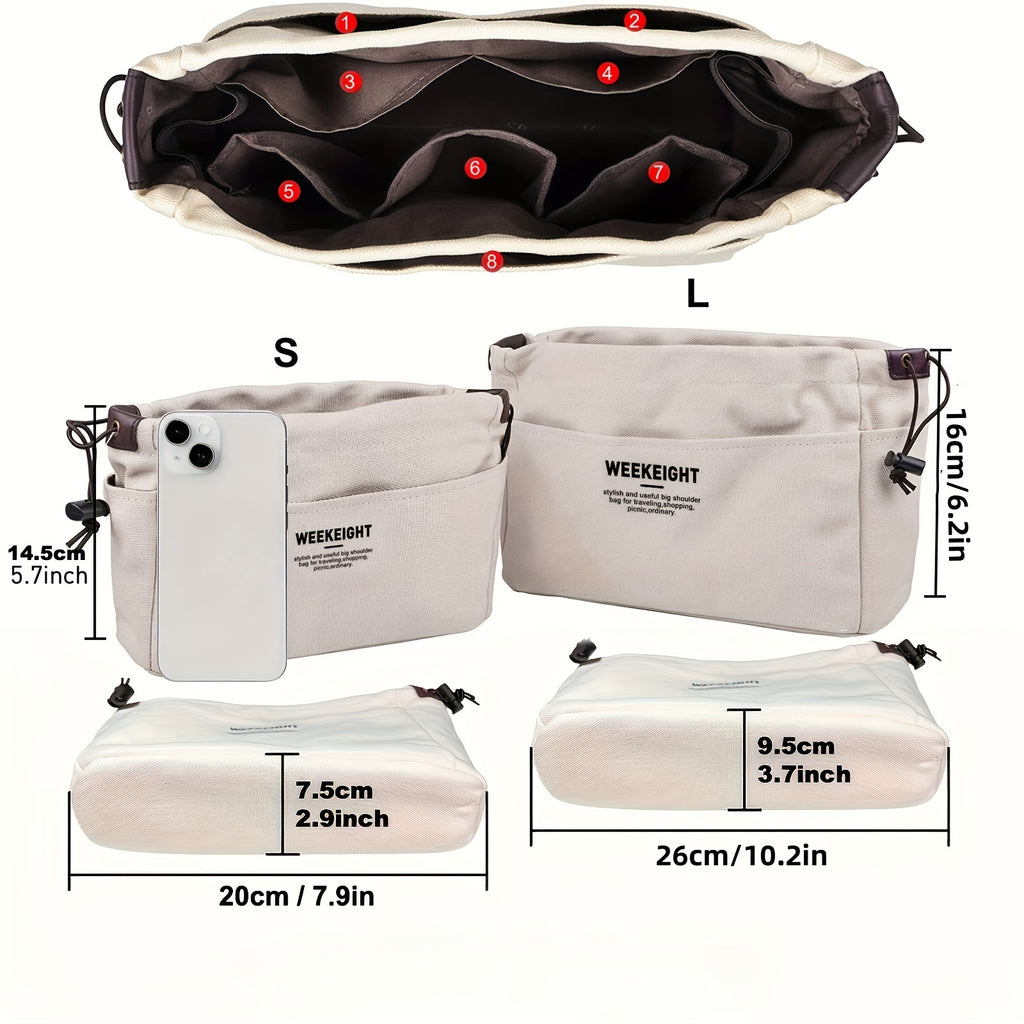 Sac de rangement multi-couches, avec cordon, poches multiples et doublures, léger et portable, grande capacité, idéal pour voyage ou organisation polyvalente.