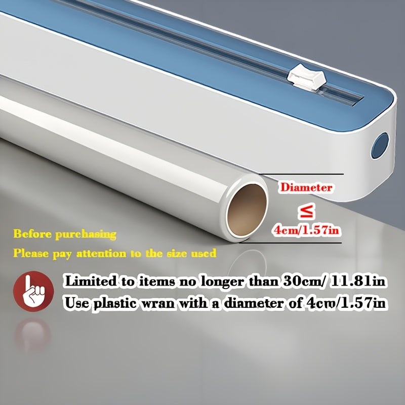 Reusable double-action dispenser and cutter for plastic film, aluminum, baking paper and wax, modern white/black design with orange accents.