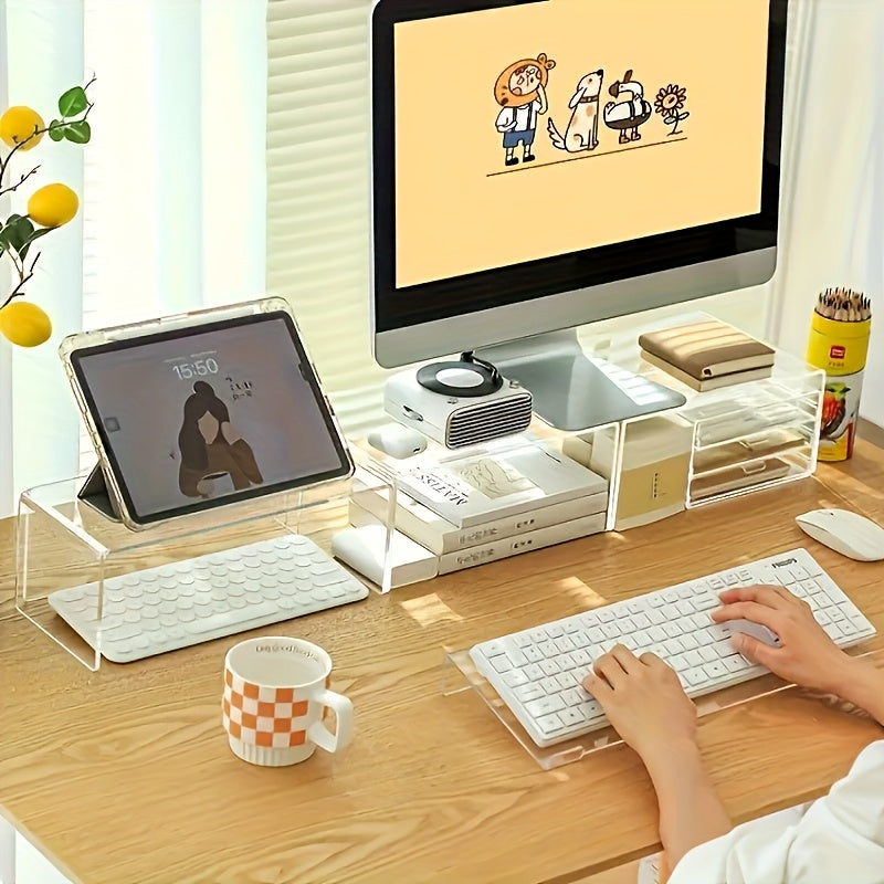 Acrylic keyboard stand, compact and durable, raises keyboard and mini PC, modern design and space saving, ideal for contemporary offices.