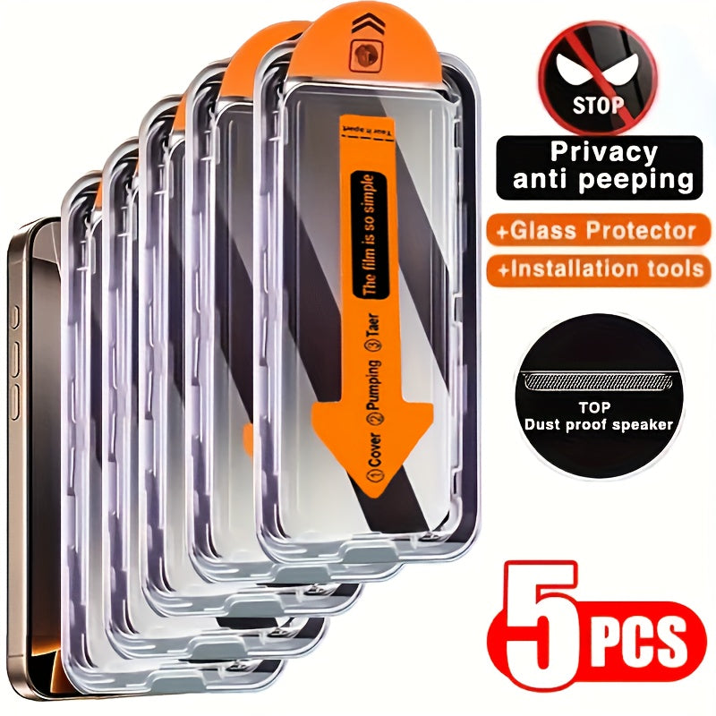 Pack of 5 Tempered Glass Screen Protectors Anti-Glare and Anti-Dust: Full coverage, compatible with iPhone 15 to 17, protects privacy and full screen.