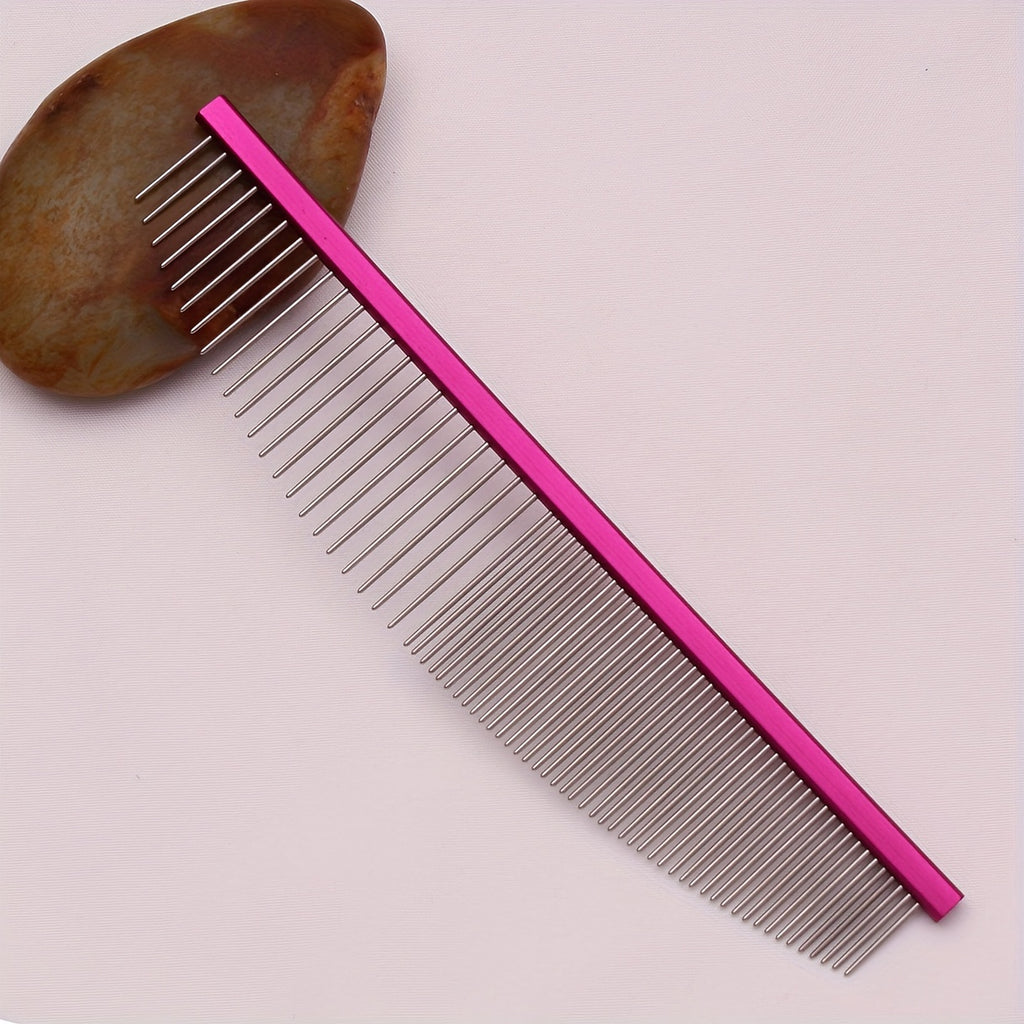 Stainless steel pet grooming comb. Aluminium handle, detangles knots and removes dead hair.
