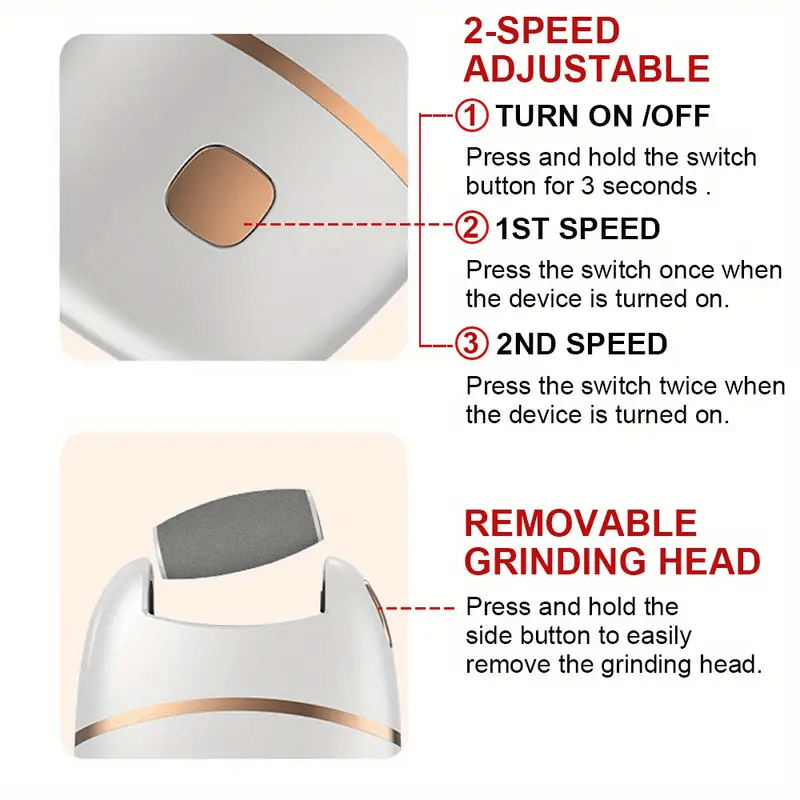 Rechargeable electric foot sander, 6 replaceable heads, removes dead skin, ergonomic white and gold design, comfortable and efficient use.
