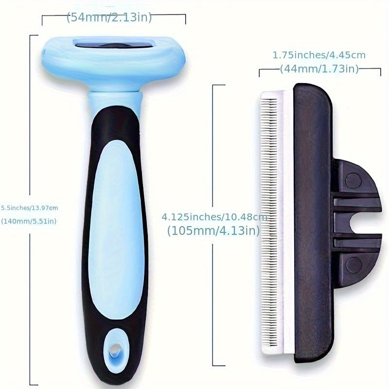Professional pet deshedding brush. Reduces hair by 95%, ergonomic, electricity-free, blue and black design, for all breeds.
