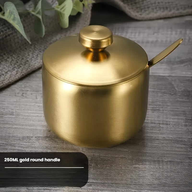 Lot 3 pcs : pot, couvercle et cuillère, acier inoxydable, multi‑usage pour sel, sucre, épices, installation sans perçage, réutilisable.