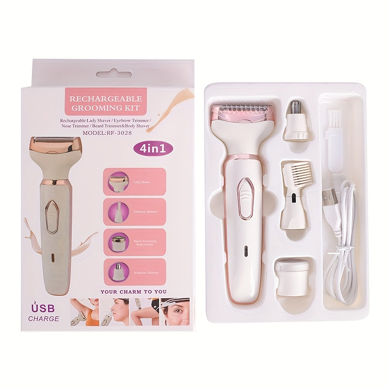 4-in-1 USB rechargeable epilator for women, face, eyebrows, nose and legs, compact design suitable for light skin tones, ideal for travel and as a gift.