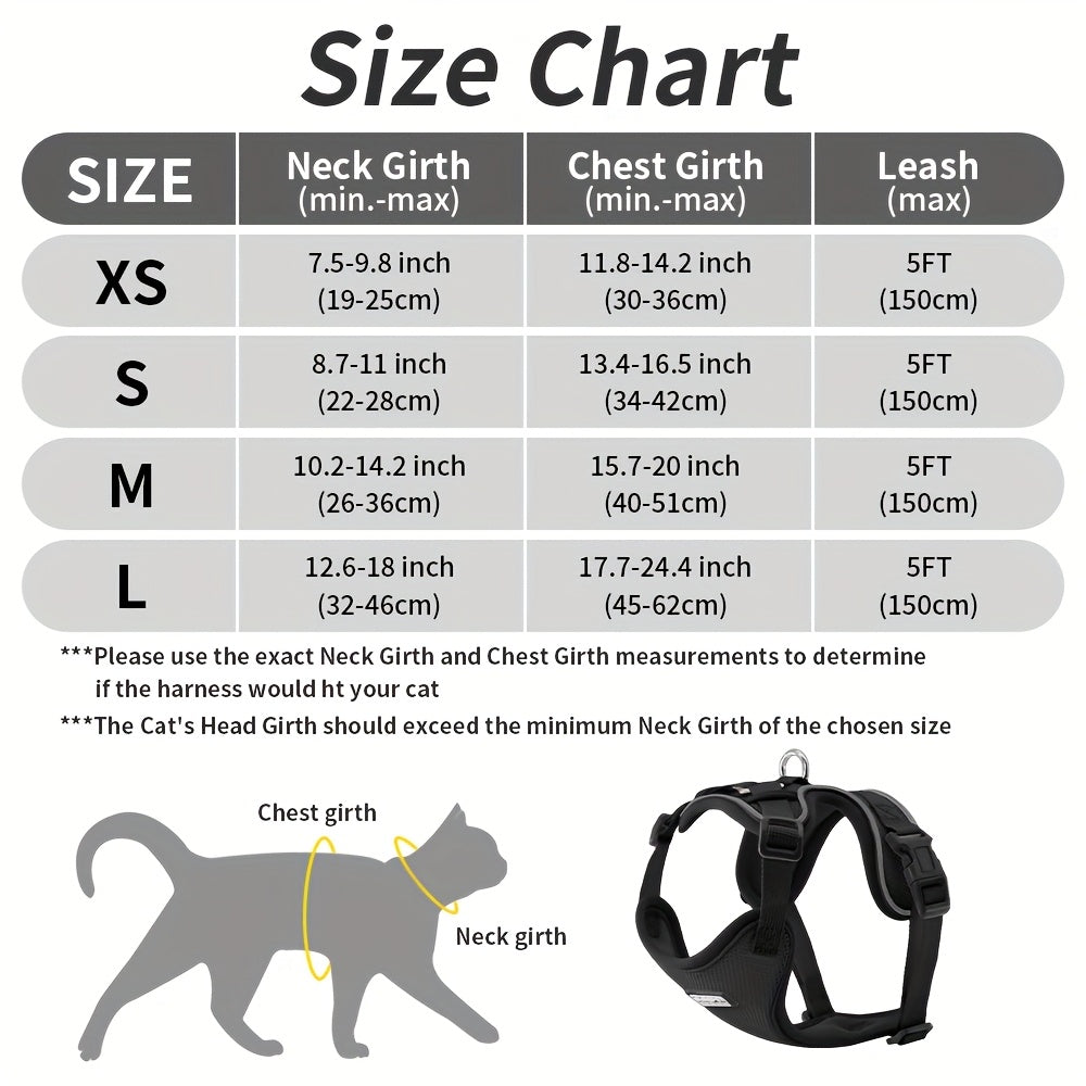 Harnais et laisse pour chat, gilet ajustable antifuîte, doux et respirant, bandes réfléchissantes, contrôle facile pour promenades sécurisées.