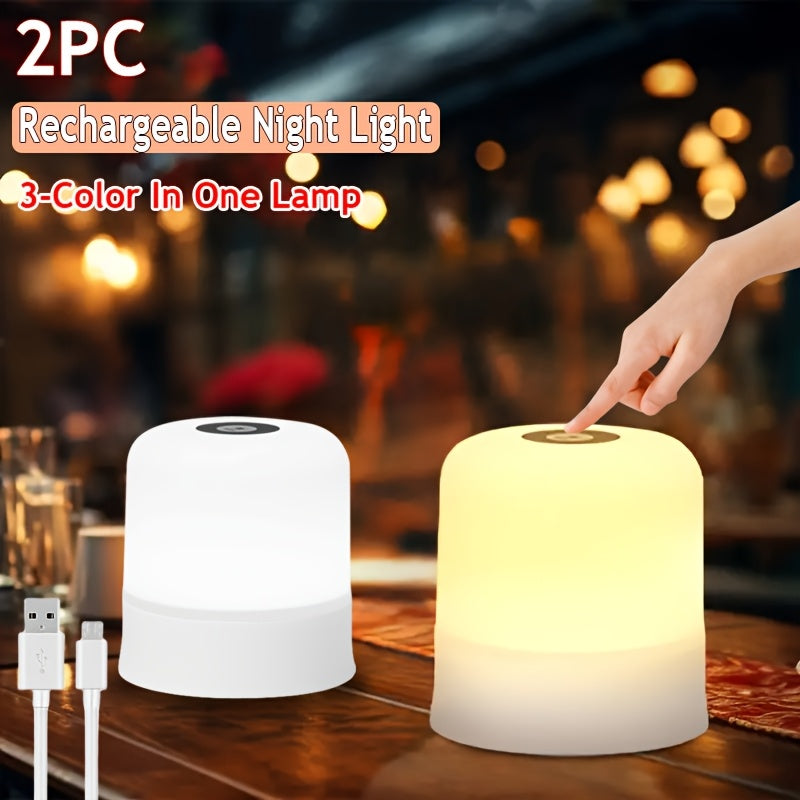 Touch-sensitive USB LED night light, 3 brightness levels, compact for bedside table, ideal for bedroom and ambient lighting.