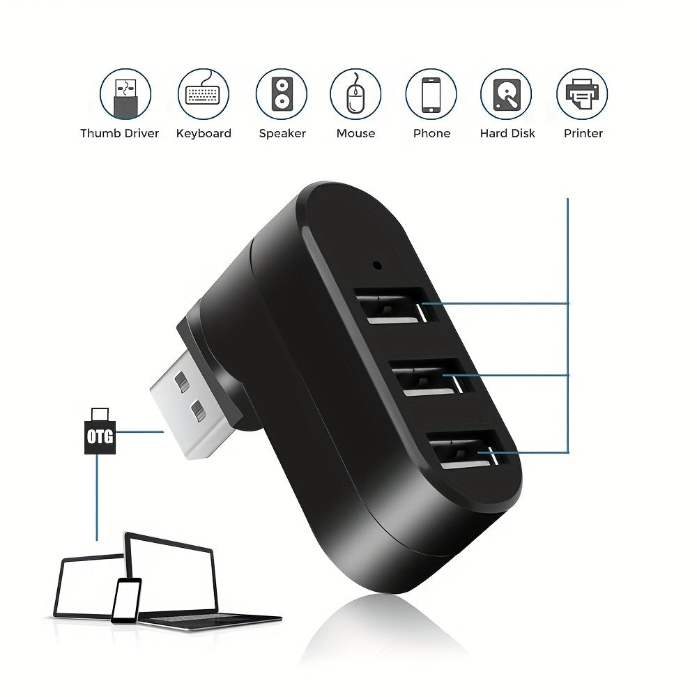 Mini adaptateur hub USB 3 ports pour PC et ordinateur portable, rotation pratique, connexion multiple, design compact et durable.