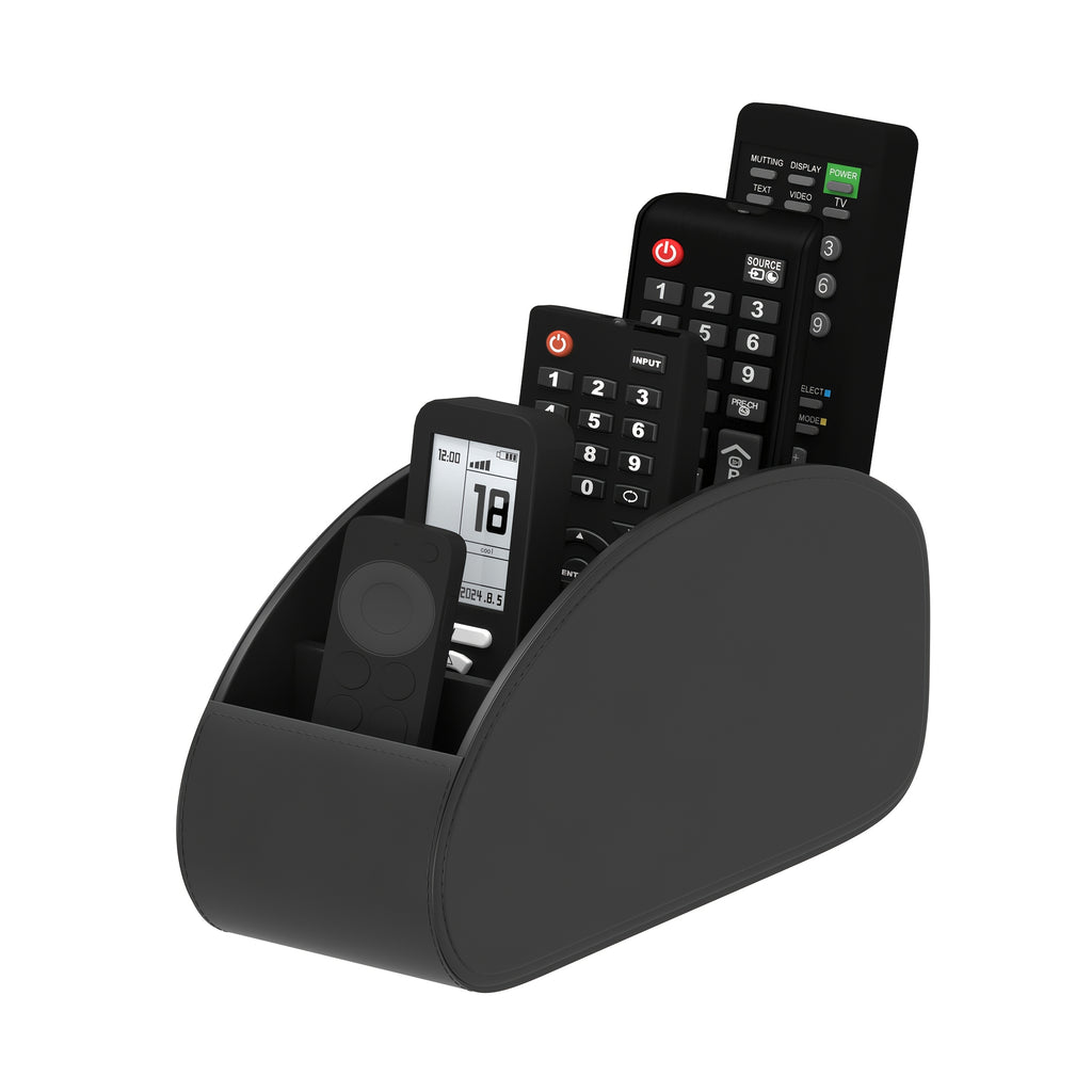 Organisateur télécommandes 5 compartiments, compatible TV/DVR, optimise espace salon, bureau ou chambre, pratique pour télécommandes, lunettes et petits accessoires.