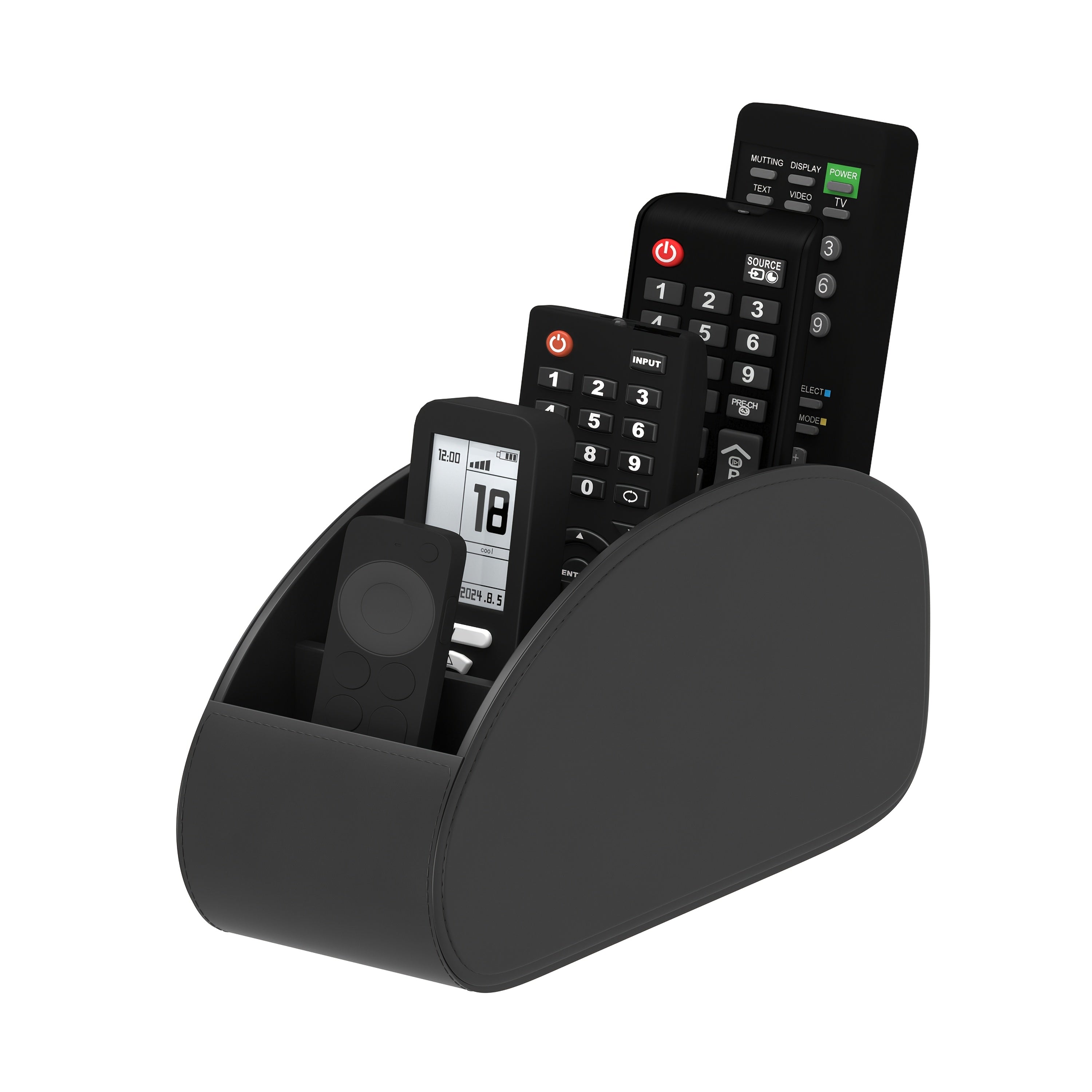 Organisateur télécommandes 5 compartiments, compatible TV/DVR, optimise espace salon, bureau ou chambre, pratique pour télécommandes, lunettes et petits accessoires.