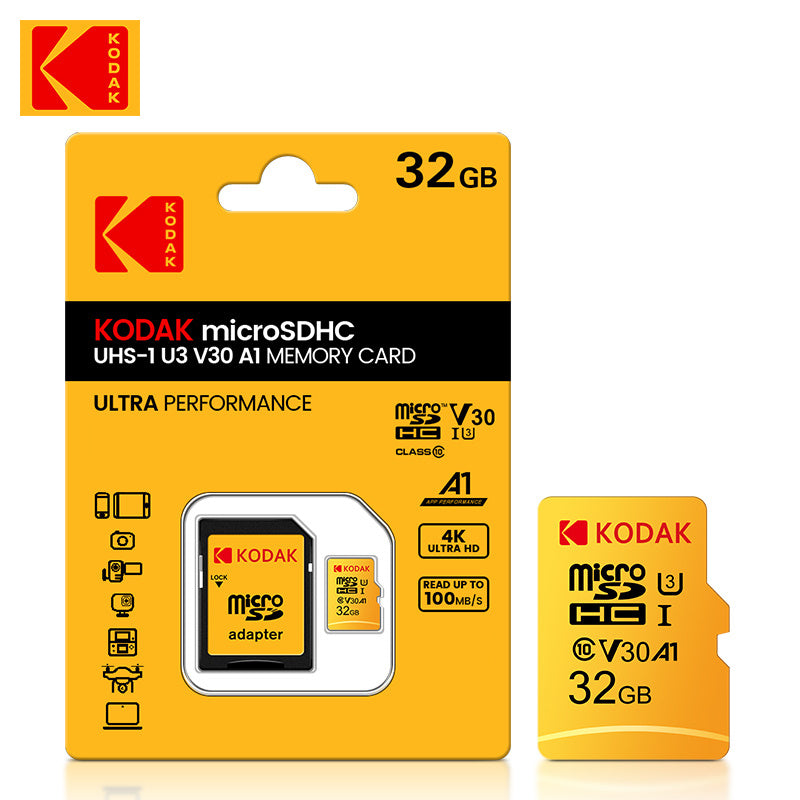 Carte Mémoire Kodak Micro TF U3 : Capacités 32 à 256 Go avec adaptateur SD, UHS-I haute vitesse, idéale 4K/120fps, compatible smartphones et caméras.