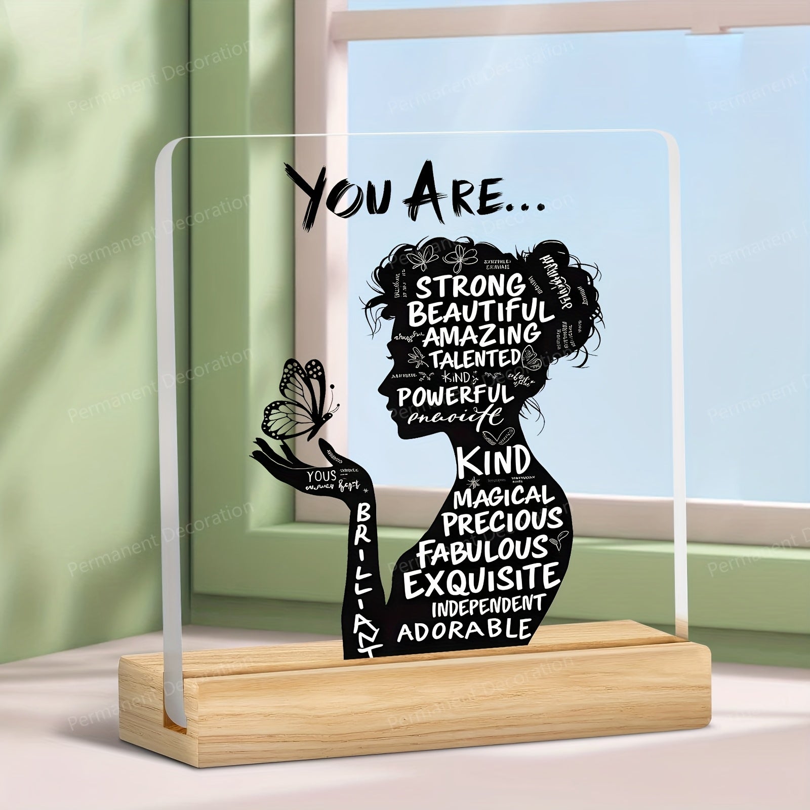 2D acrylic desk decoration with positive affirmations "You Are Powerful, Beautiful, Amazing", elegant design, ideal for home, office or cafe, perfect gift.