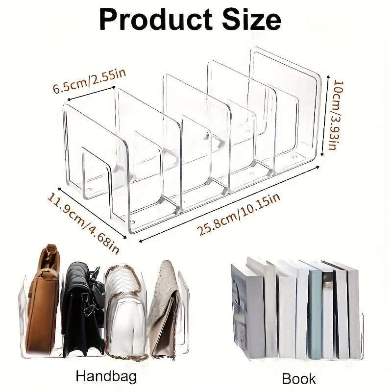 Organisateur vertical en plastique transparent à compartiments et crochets. Structure robuste, gain de place, idéal pour sacs, chaussures, livres, vêtements. Facile à assembler.