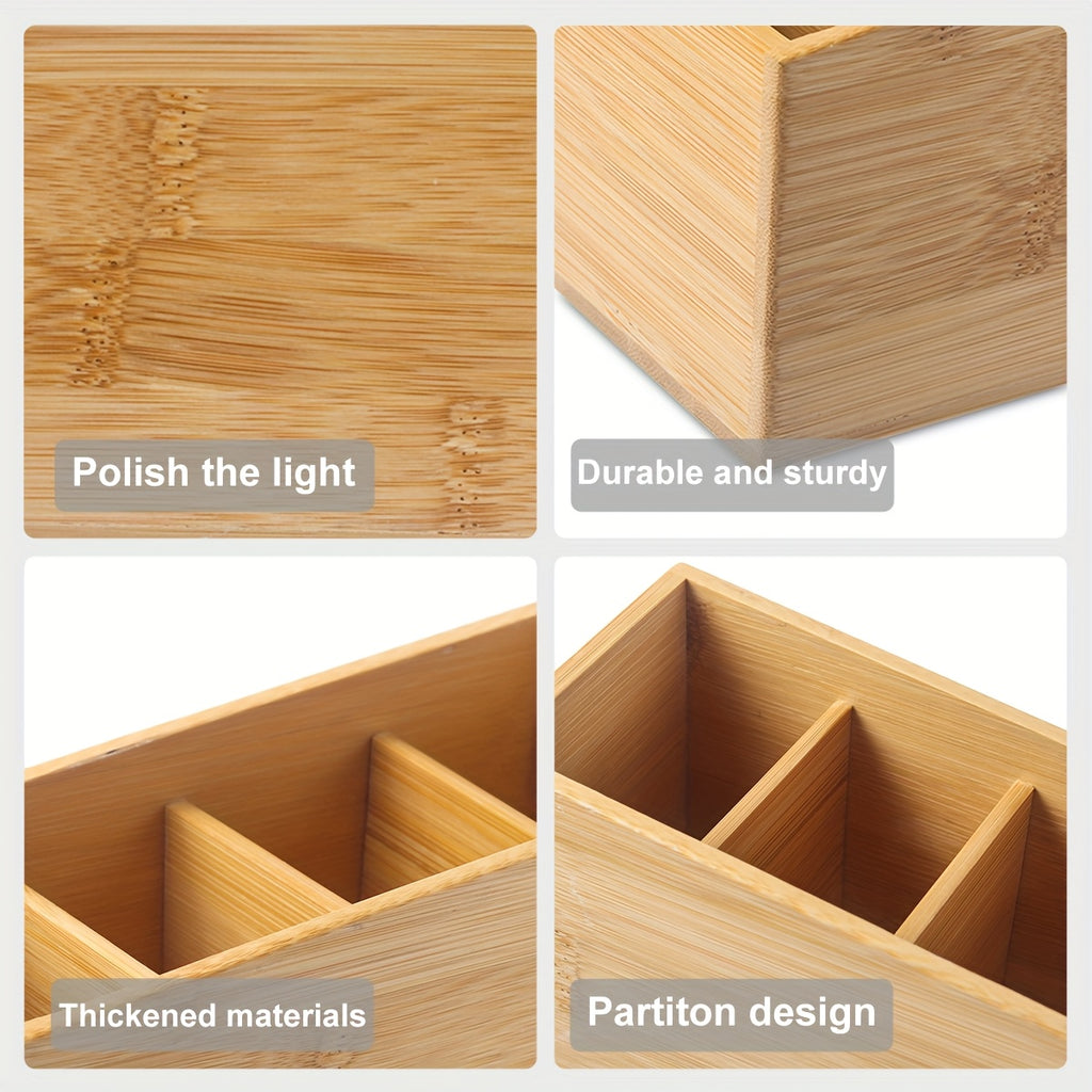 Four-compartment wooden box, perfect for organizing remote controls, makeup brushes and pens in the living room, bedroom or office.