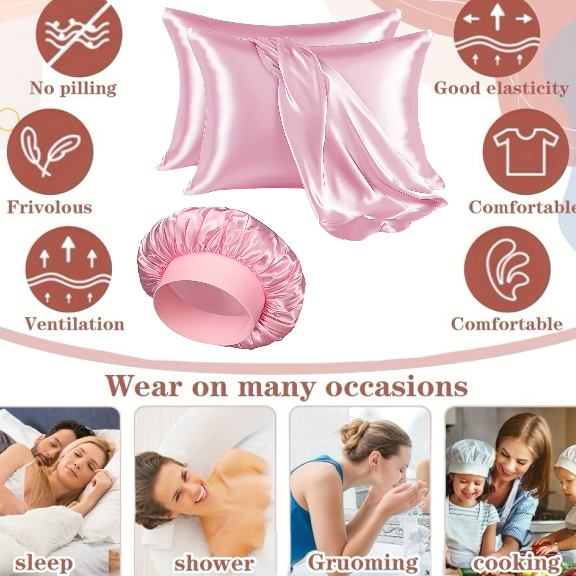 Lot de 6 accessoires capillaires femme : taies satin, bonnet de nuit détachable, masque yeux respirant, bandeau large avec nœud.