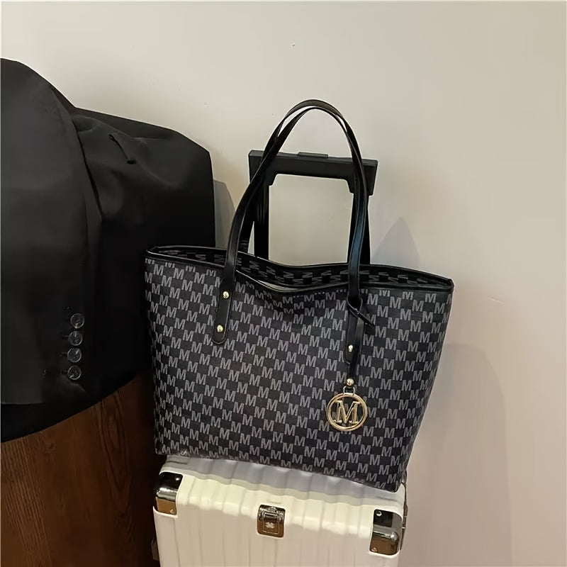Large designer-inspired women's tote bag, geometric synthetic leather, removable gold chain shoulder strap, 'M' monogram, lightweight for office, school or shopping.
