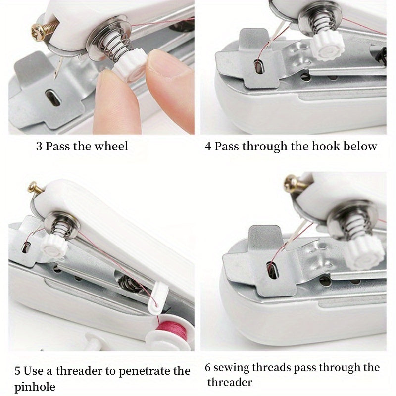 Mini portable sewing machine, manual and easy to use, ideal for home sewing, compact and practical, white color.