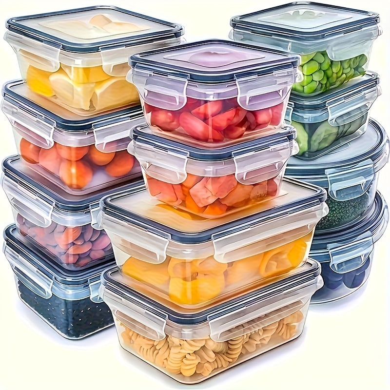 Lot de 8 contenants alimentaires transparents FOWA, couvercles à bascule, hermétiques, micro-ondes/congélateur, pour épicerie, fruits, légumes et pâtes.